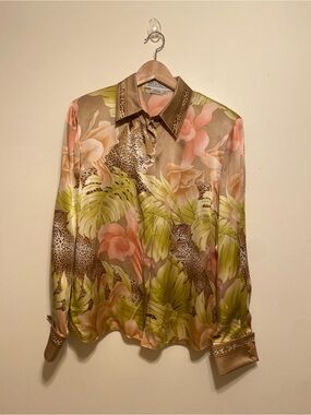 STARINGTON Silk Leopard & Tropical Print Long-Sleeve Shirt  Size 12